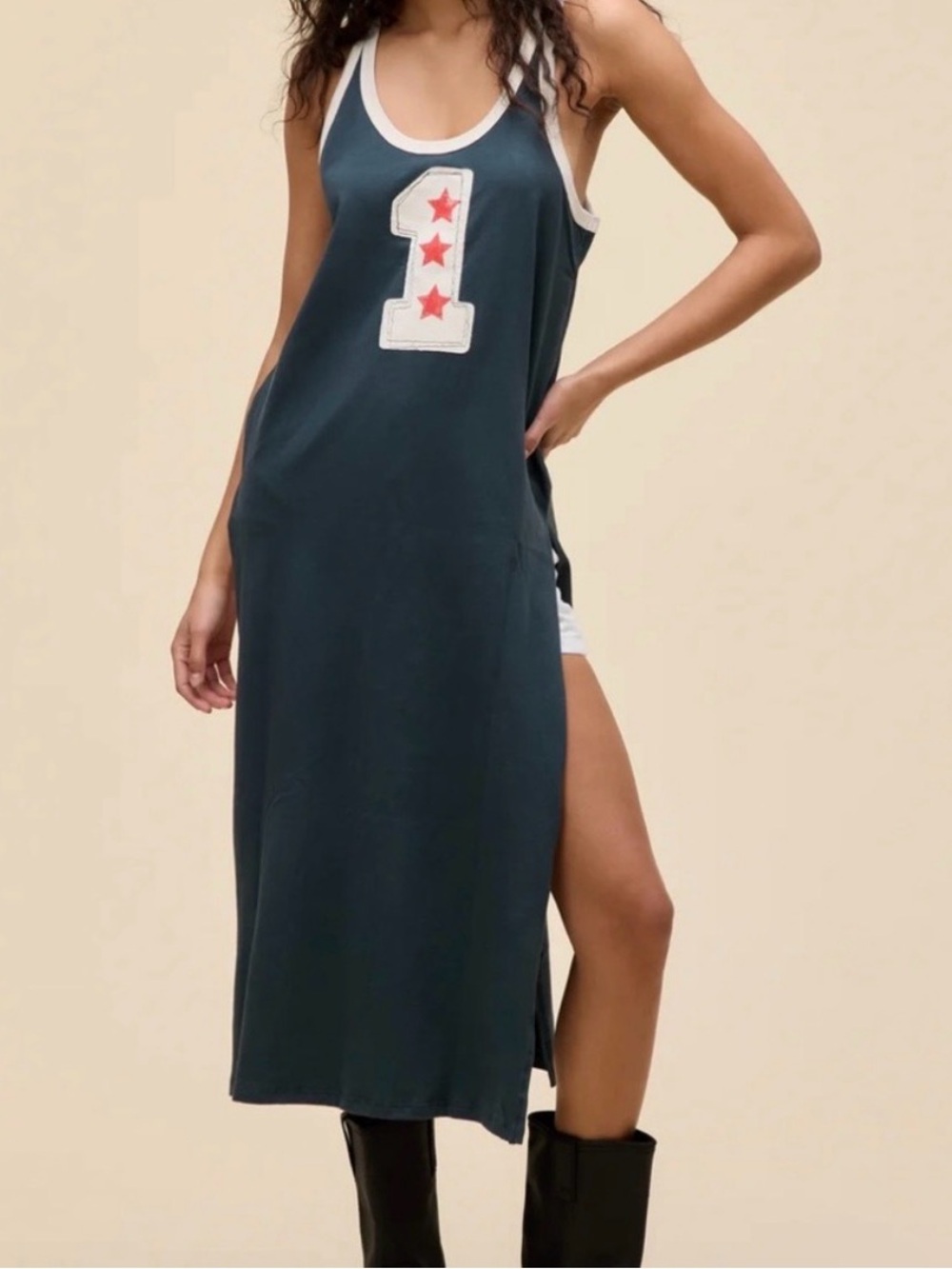Free People vintage black one starry Maxi Tank Dress with Number Patch Size M